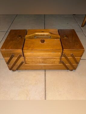 Antique Mid-Century Poland Beechwood Cantilever Sewing Box 1970-1980